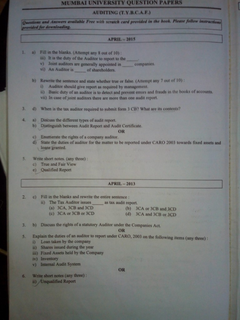 AUDIT PAST YEAR QUESTION PAPERS, TYBAF SEM V.(EXCLUDING PROFESSIONAL ...